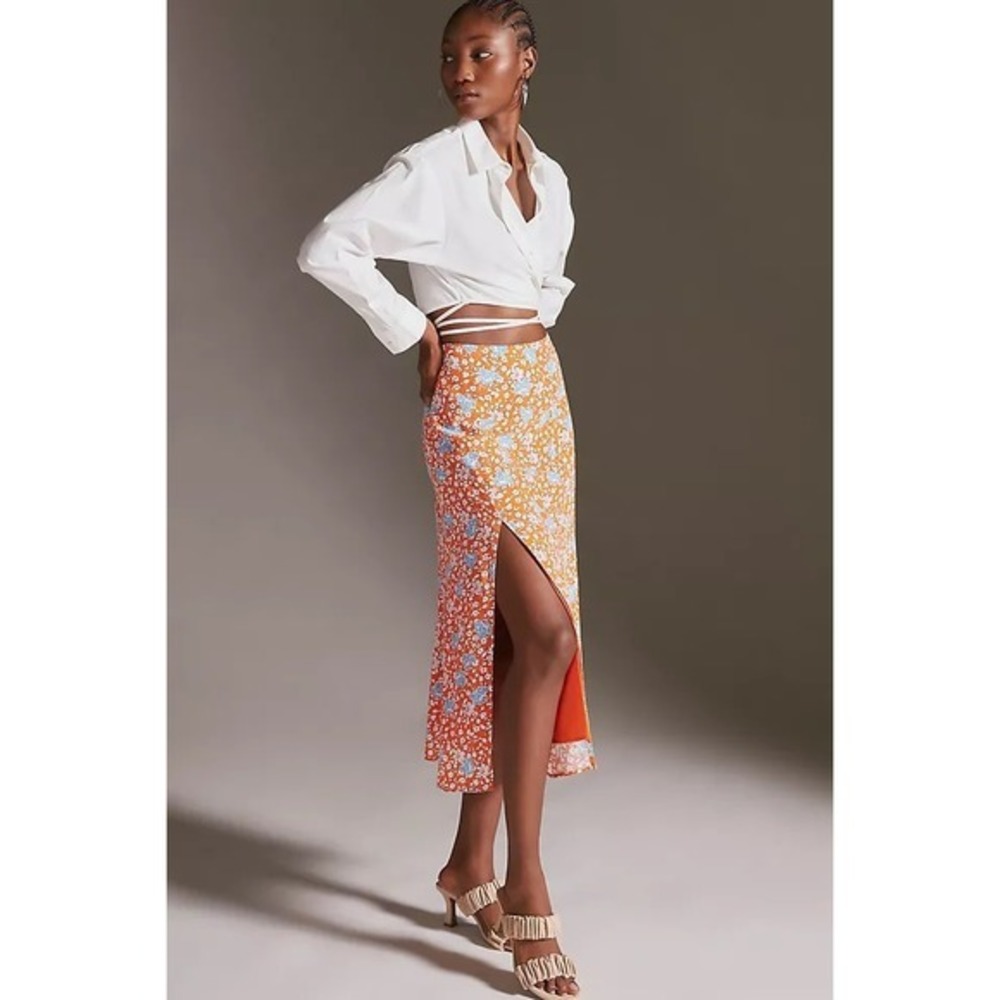 Maeve Anthropologie Lille Side-Slit Midi Skirt Orange Floral Viscose Size 0